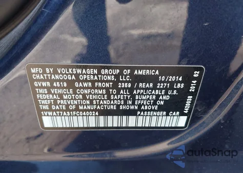 2015 Volkswagen Passat 1.8T S from USA, damaged, VIN 1VWAT7A31FC040024